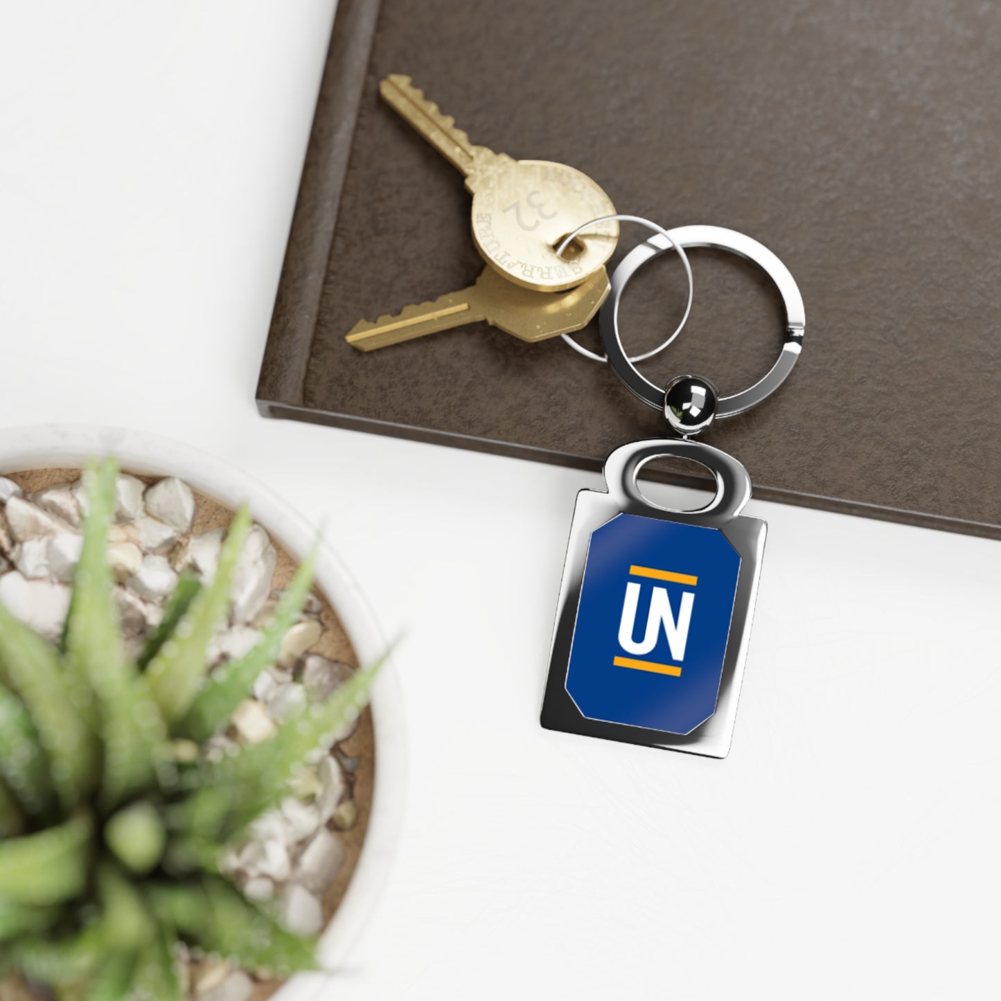 Rectangle Photo Keyring — Custom Rectangle Photo Keychain with Blue 'UN' Design