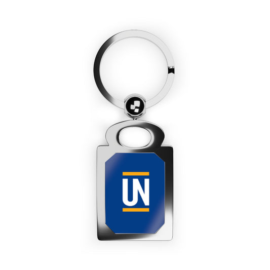 Rectangle Photo Keyring — Custom Rectangle Photo Keychain with Blue 'UN' Design