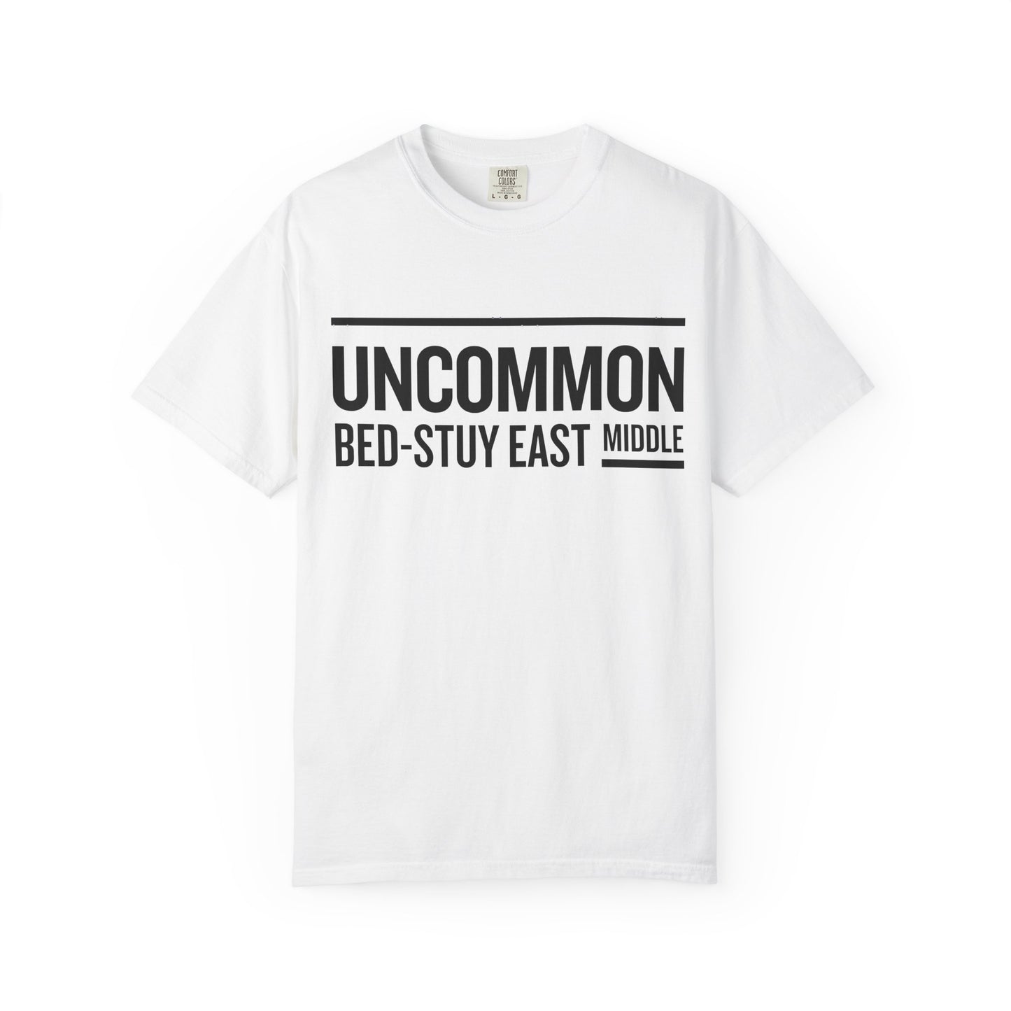 White t-shirt with black text on a white background