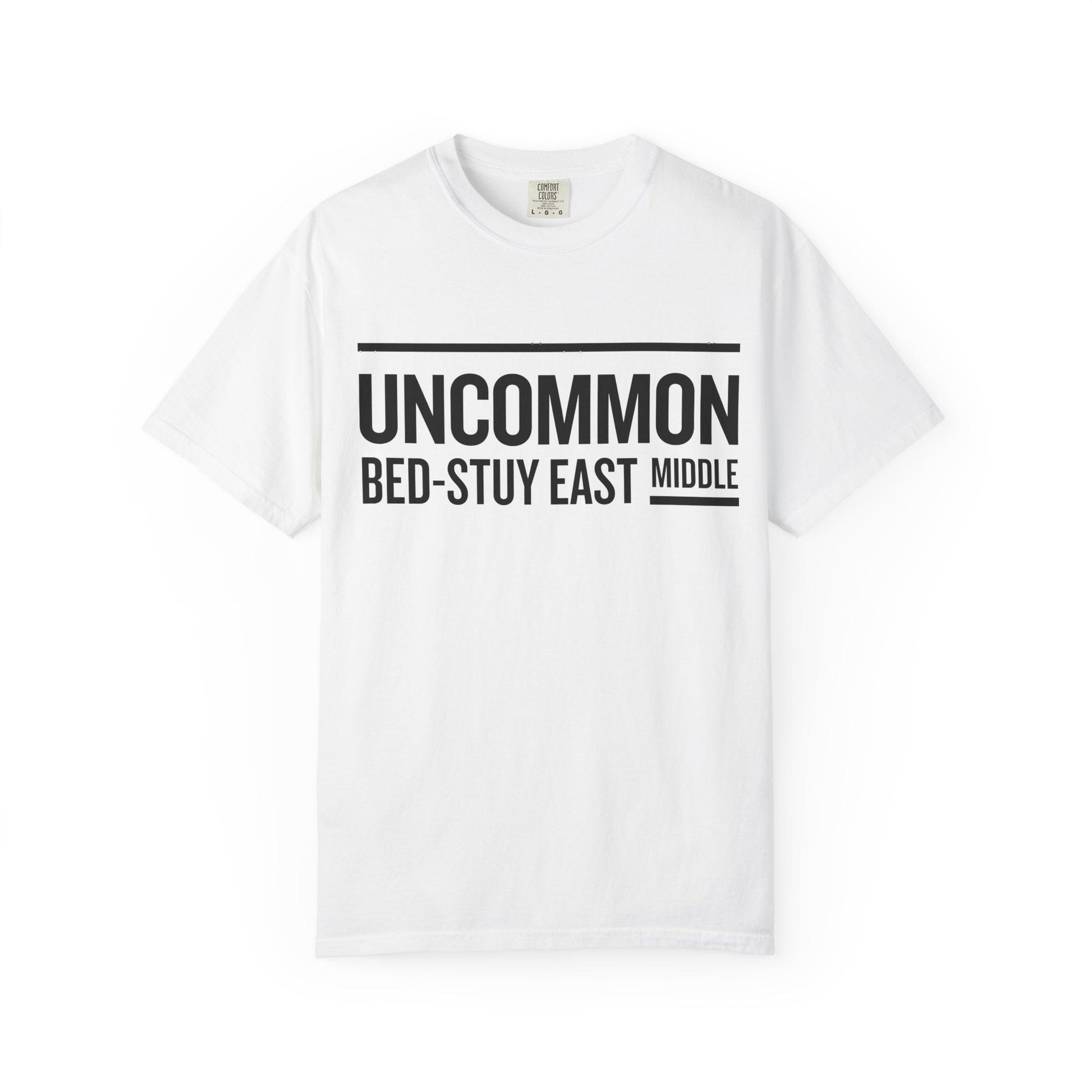 White t-shirt with black text on a white background